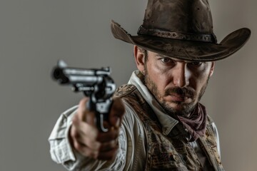 Fototapeta premium Cowboy in classic Western attire points a gun, capturing the rugged essence of traditional Westerns. This dramatic close-up is perfect for stories about the Wild West. Generative AI