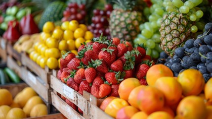 Fresh fruit in wooden crates at a market. Red strawberries,yellow lemons,green grapes,and a...