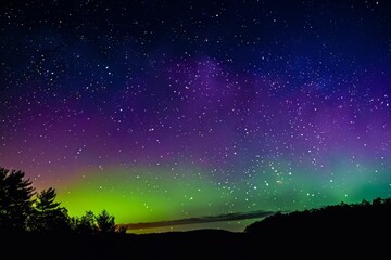 Fototapeta premium A mesmerizing aurora borealis dancing across the night sky, painting it with vibrant hues of green and purple, Generative AI