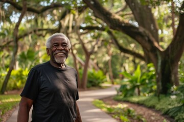 A senior man smiles as he power walks along a paved path through a lush park