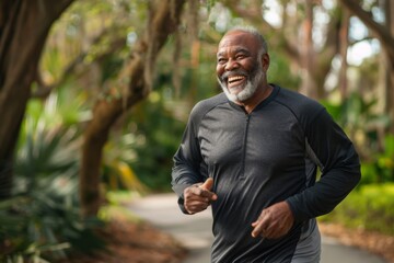 A cheerful senior man with a white beard is power walking on a paved path in a lush green park. He is wearing comfortable athletic wear and has a big smile on his face