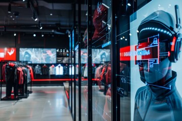 A modern sportswear store incorporates AI technology, featuring interactive displays and digital mannequins showcasing the latest apparel