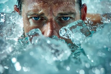 A determined athlete submerged waist-deep in an ice bath with glistening ice cubes surrounding him