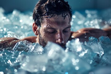 An athlete submerges himself waist-deep into a bath filled with ice cubes, seeking relief and recovery after intense physical activity