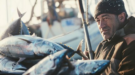 Obraz premium Fisherman with Catch of Tuna on Boat