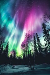 The eerie glow of the Northern Lights, or aurora borealis, shimmering in the Arctic night sky, painting it with hues of green, Generative AI