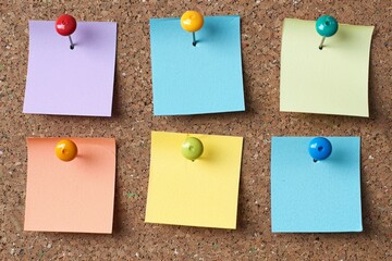 Colorful sticky notes pinned to corkboard against natural background. Conceptualizes organization and reminders. Bright simple design suitable for office or home use. Generative AI