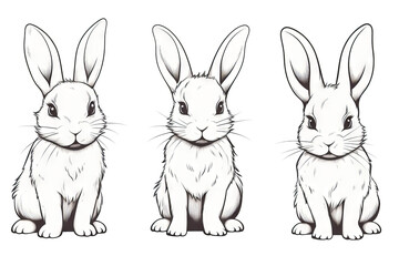 Fototapeta premium Adorable bunny rabbit outline sketch vector illustration in various poses, minimal bunny line art doodle, transparent background PNG