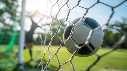 Balón de fútbol golpeando la red de la portería durante un partido al aire libre