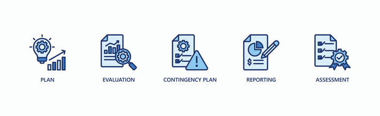 Strategic Management Banner Web Icon Vector Illustration Concept With Icon Of Plan, Evaluation, Contingency Plan, Reporting, Assessment