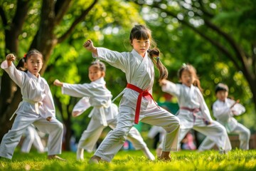 Obraz premium A group of Asian kids in white uniforms practice martial arts in a park. The children are focused and determined as they execute their moves with precision