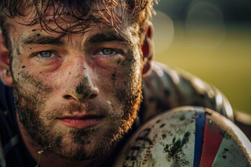 A close-up portrait of a young rugby player, with mud on his face and jersey, focusing intensely as he holds the ball during a game