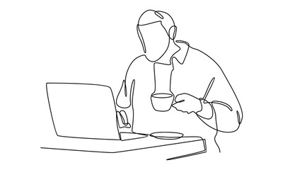 continuous line art of man with laptop computer