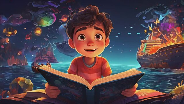 Animated illustration of a little boy reading a sea adventure book, magical creatures and ships floating around him