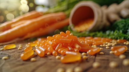 Close-up of Beta-Carotene Pills on Colorful Vegetable Background, Healthy Diet Advertisement