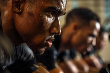 A man's face is shown in close-up as he participates in a high-intensity spin class, his concentration evident in his furrowed brow and determined expression