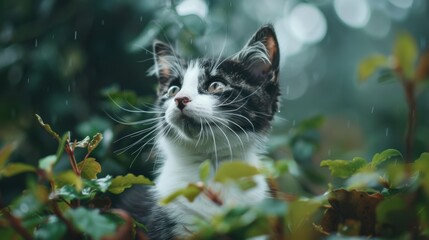 Curious Cat in the Rain. A playful kitten peeks through the greenery,caught in a moment of wonder amidst falling raindrops.