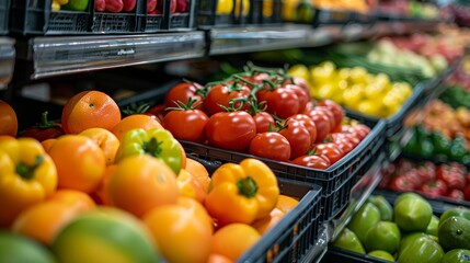 Fresh produce in a supermarket,showcasing vibrant tomatoes,oranges,and peppers.