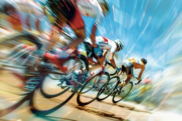 A group of cyclists race down a road on a sunny day, their bodies and bikes a blur of speed and motion, highlighting the intensity of competition