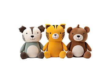 Obraz premium Cutout set of three adorable stuffed animal toys isolated on transparent white background in PNG style