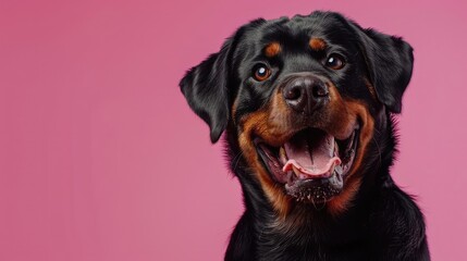 Obraz premium Portrait photography of a cute little Rottweiler happy smiling , studio shot isolated on single color background ,editorial style, shoot by DSLR .