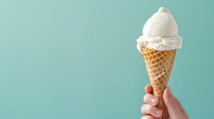 Hand holding a delicious vanilla ice cream cone against a light blue background, perfect for summer and dessert themes.