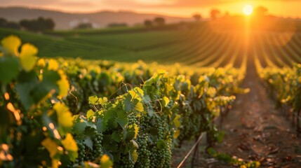 Fototapeta premium Golden Hour Vineyard: Grapes ripening in the warm glow of the setting sun.