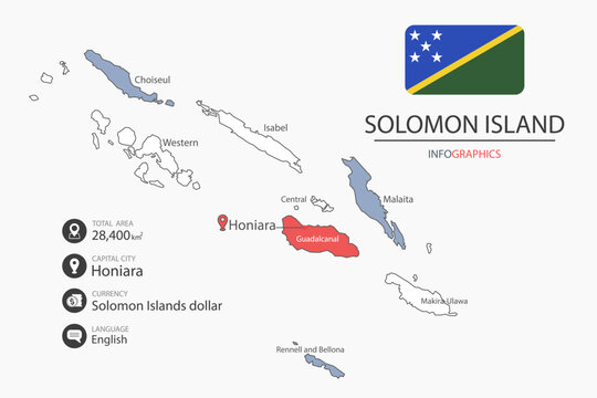 Solomon Island map infographic elements with flag of city. Separate of heading is total areas, Currency, Language and the capital city in this country.