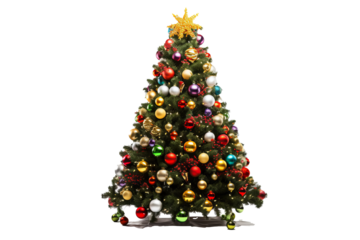 Beautiful decorated christmas tree with ornaments and lights, PNG style, transparent background for holiday designs and seasonal decorations