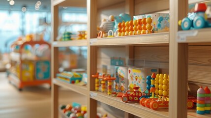 Obraz premium Colorful Wooden Toys on Shelf in Toy Store.