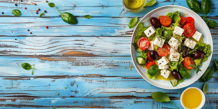 Griechische Speisen auf blauen Holzhintergrund mit Platz zum Schreiben als Werbetafel Werbung Oliven Schafsk&auml;se Griechenland Essen Griechische K&uuml;che