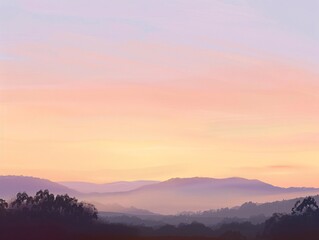 Obraz premium 1. Serene evening sky in pastel hues with a gentle gradient of pink, orange, and purple, casting a soft light over a tranquil landscape