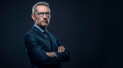 Fototapeta premium A portrait of a handsome businessman in a black suit, radiating confidence and success