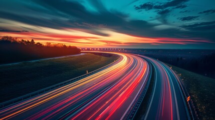 Highway at sunset with light trails. Dramatic sky,urban landscape. Road trip,travel,transportation concept.