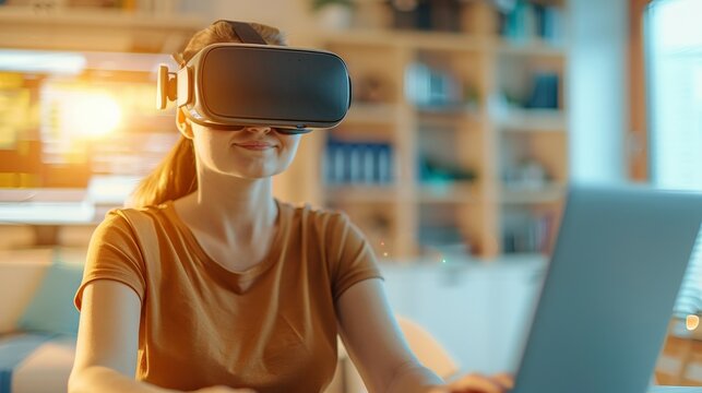 Woman using virtual reality headset while working on laptop. - Powered by Adobe