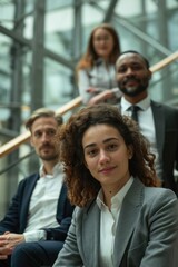 Obraz premium Group of people seated on a staircase, great for social settings or gatherings