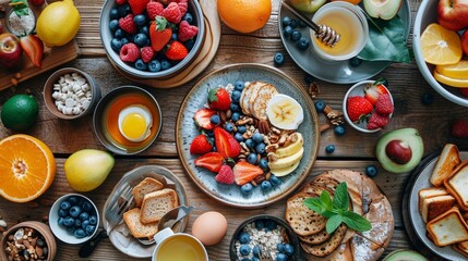 Healthy and delicious breakfast with fruits,nuts,and bread. balanced and nutritious start to your day.