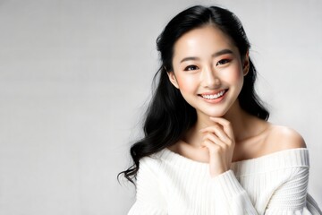 "Asian Girl Smiling, Copy Space for Beauty Products"
