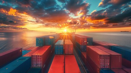 Cargo containers on a ship at sunset with a fiery sky.
