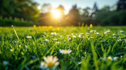 Fototapeta premium Close-up of dewy grass and wildflowers with sun shining through. spring and nature background.