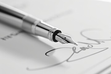 Fototapeta premium Elegant Pen Writing on White Paper, Close-Up View with Ink Flowing and Detailed Shading on Tip. Concept of Precision, Creativity, and Professionalism.