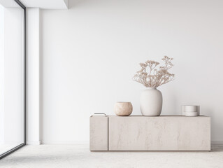 Room interiors composition with an stylish sideboard next to a large window providing lighting, minimal furniture and ample copy space. Residential Real Estate interiors design.