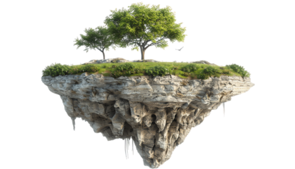 Isolated Floating Island: Green Trees, Rocky Terrain, Fantasy Landscape Element.