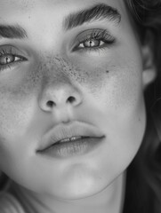 A close-up shot of a woman's face with noticeable freckles