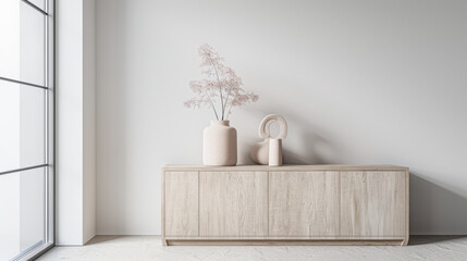 Room interiors composition with an stylish sideboard next to a large window providing lighting, minimal furniture and ample copy space. Residential Real Estate interiors design.