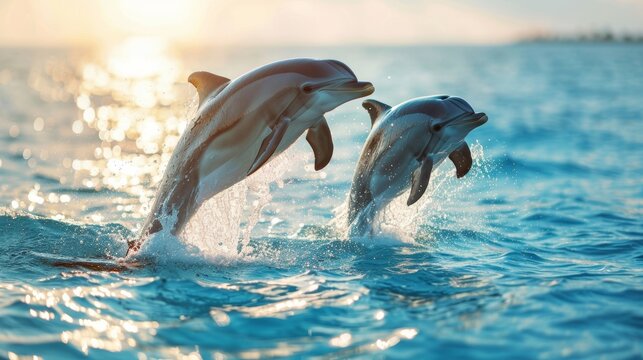 Two playful dolphins leap from the sparkling blue water at sunset. A perfect summer scene!
