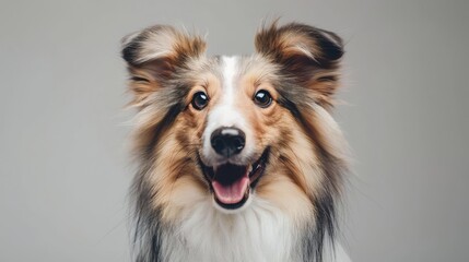 Portrait photography of a cute little Shetland Sheepdog happy smiling , studio shot isolated on single color background ,editorial style, shoot by DSLR .