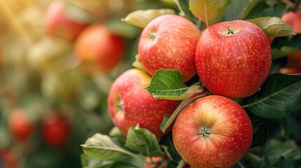 Close-up of ripe red apples hanging on a branch. The apples are surrounded by green leaves and have a shiny texture.