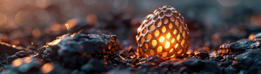 A glowing, metallic egg rests on rocky terrain, casting a warm light in a mysterious, otherworldly landscape. Sci-fi and fantasy concept.