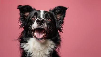 Fototapeta premium Portrait photography of a cute little Border Collie happy smiling , studio shot isolated on single color background ,editorial style, shoot by DSLR .
